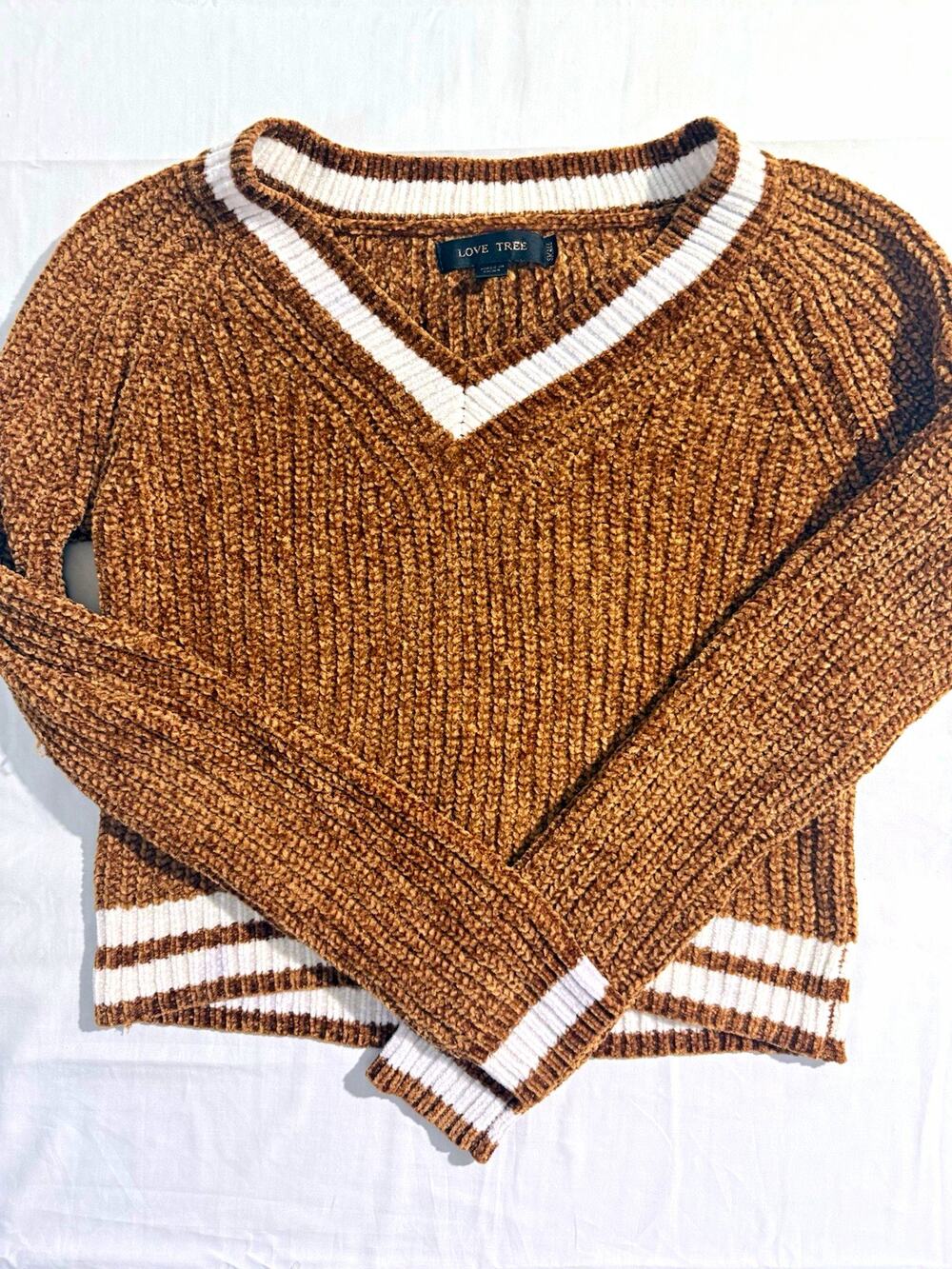 Love Tree Brown Chenille Sweater Small Cropped V Neck Varsity Stripe Preppy